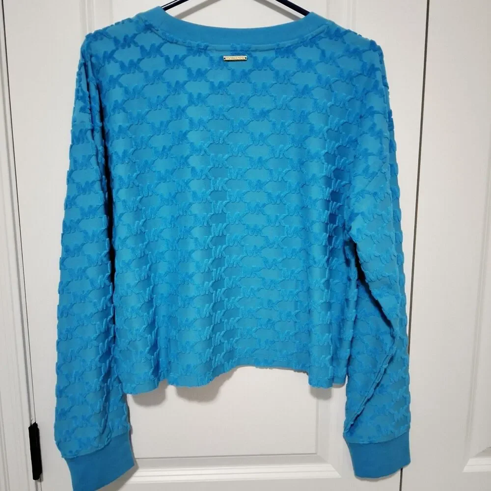 Michael Kors Women's MK Monogram Pattern Sweater Bright Blue Size Large NWT